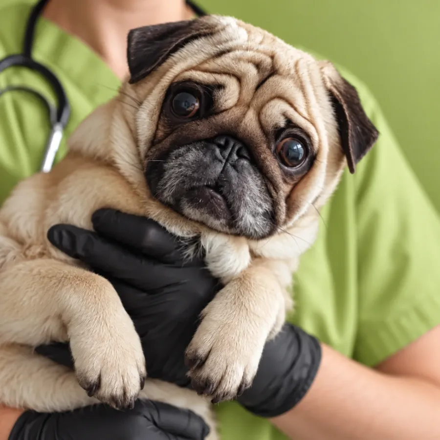 Pug no colo da veterinária